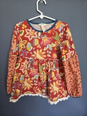 Matilda Jane Red Floral Peplum Top with Mixed-Print Sleeves